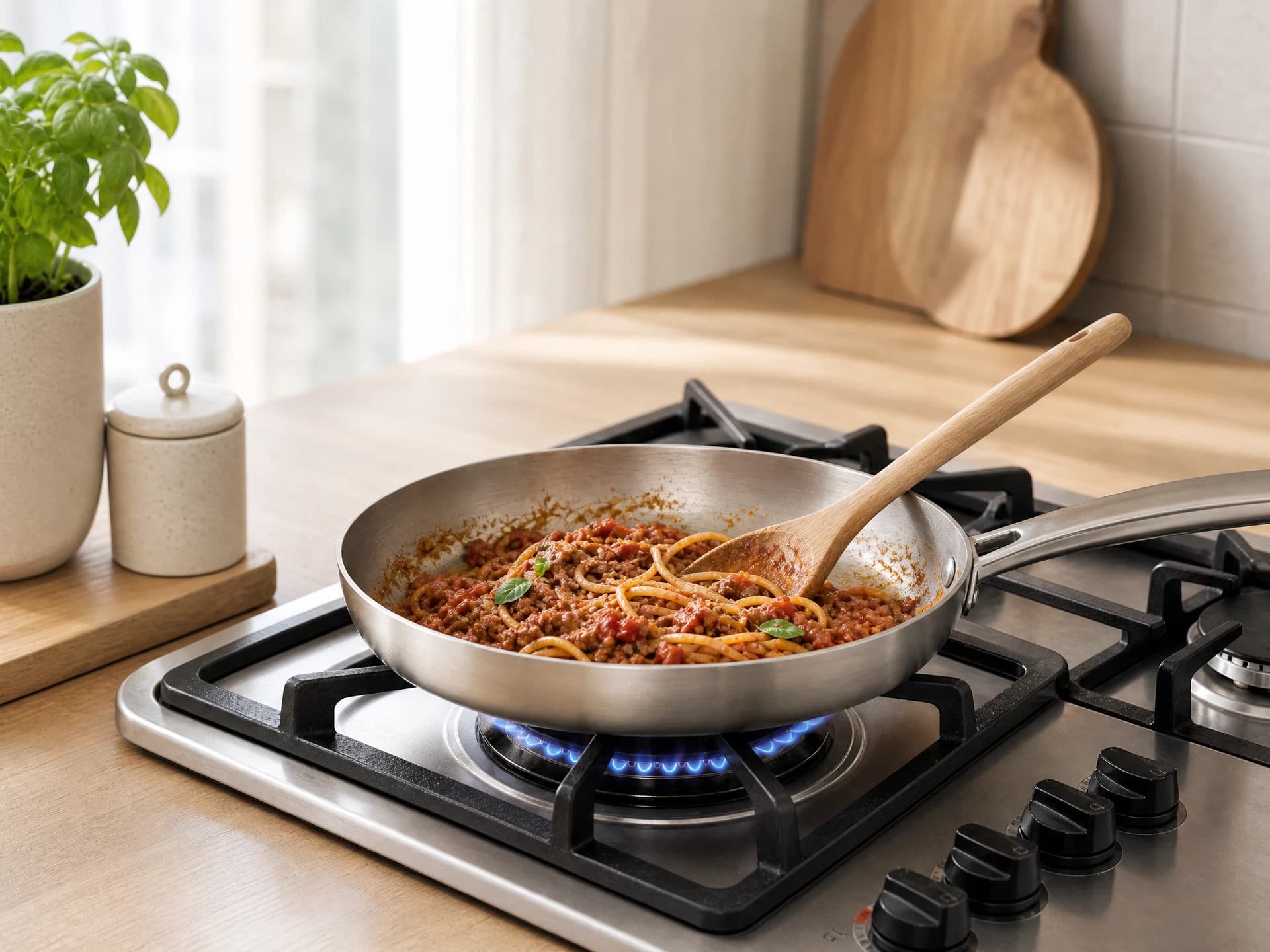 Spaghetti Bolognese heating in a pan